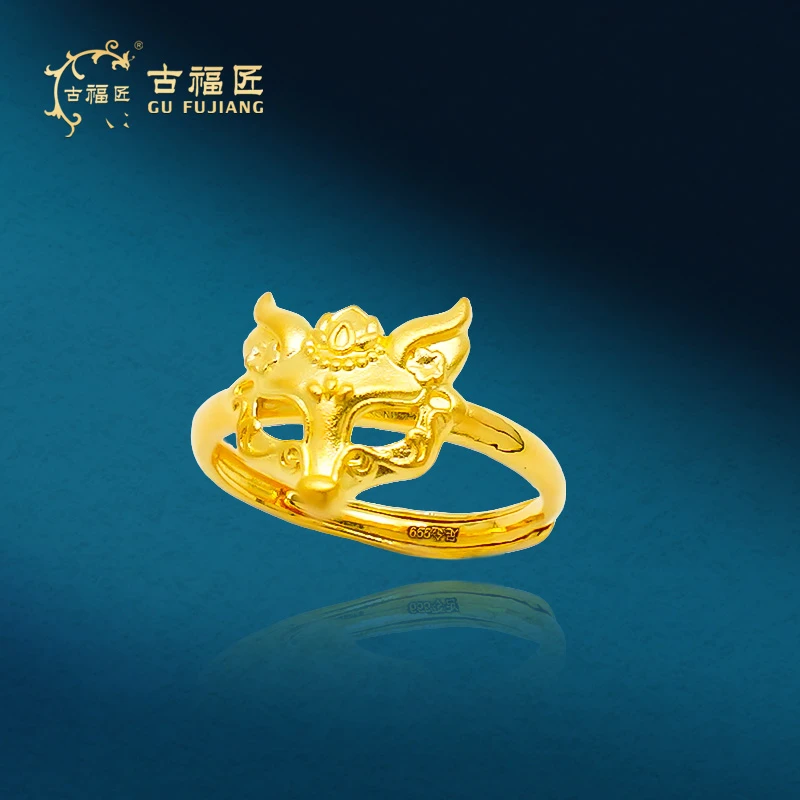 古福匠黄金足金青面狐狸开口戒时尚开口戒戒圈5G1.7mm宽1.2mm厚