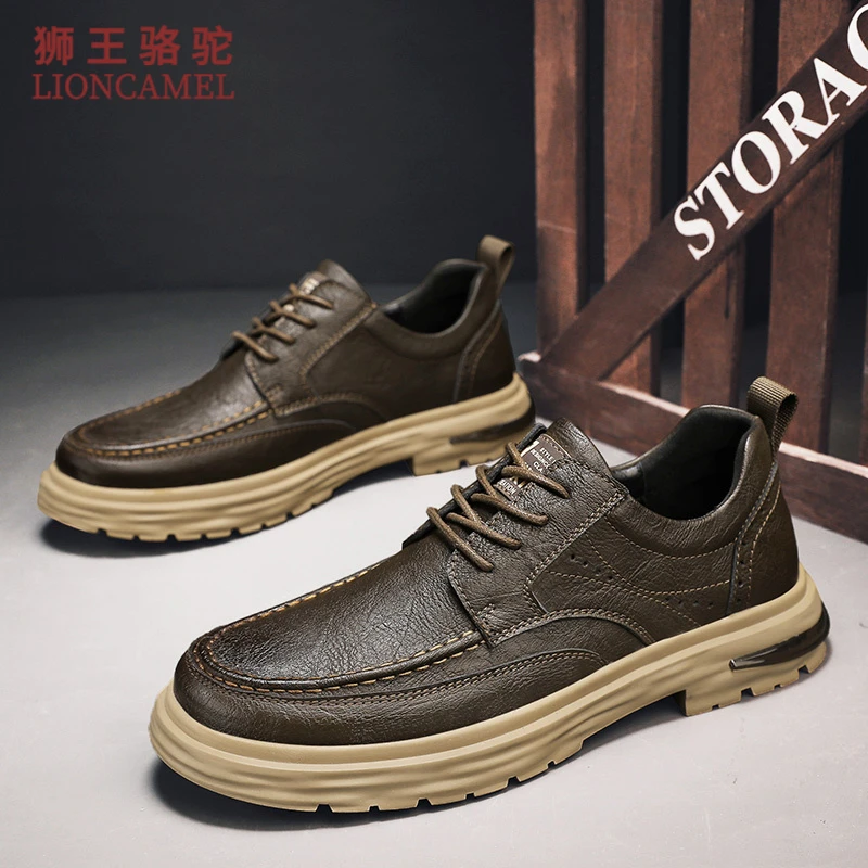 狮王骆驼男鞋英伦休闲皮鞋男士高级感低帮马丁靴黑色真皮工装潮鞋