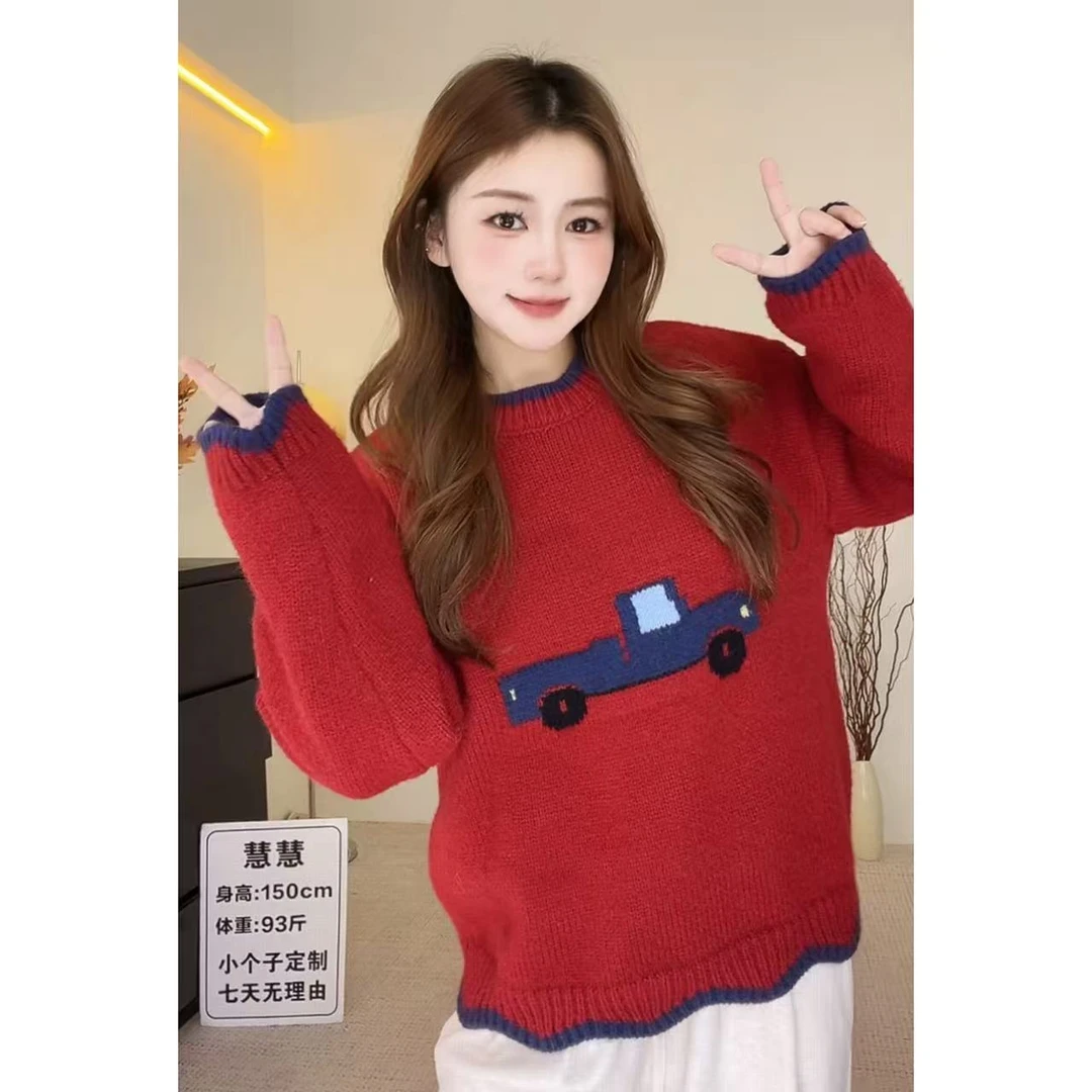 【慧仙子】韩国东大门秋冬可撞色边圆领提花小汽车小狗套头针织毛衣