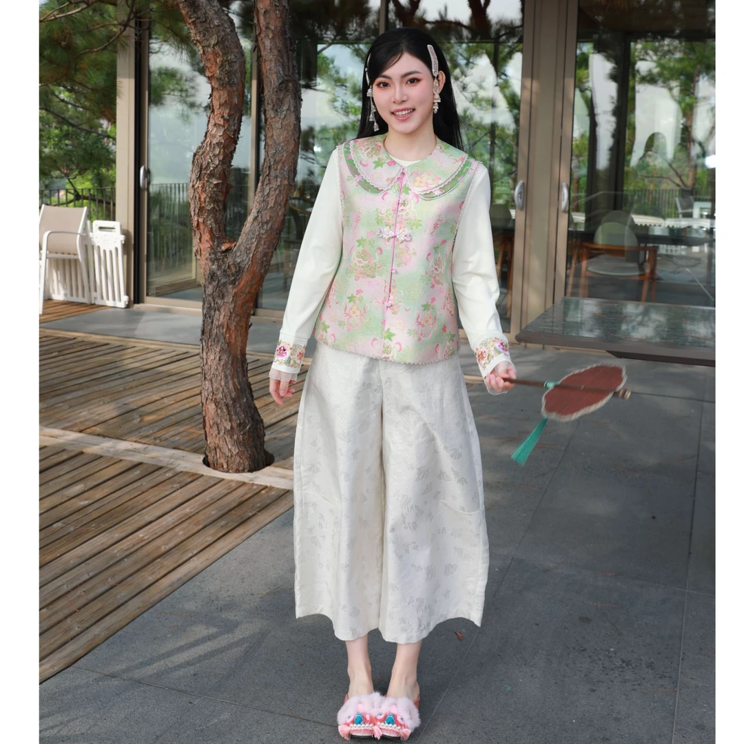 ARMS WELL王囡囡 米白/粉色暗纹提花侧边压褶设计国风裤子  S310