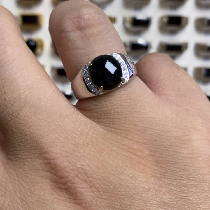 翡翠戒指银S925镶嵌墨翠戒指