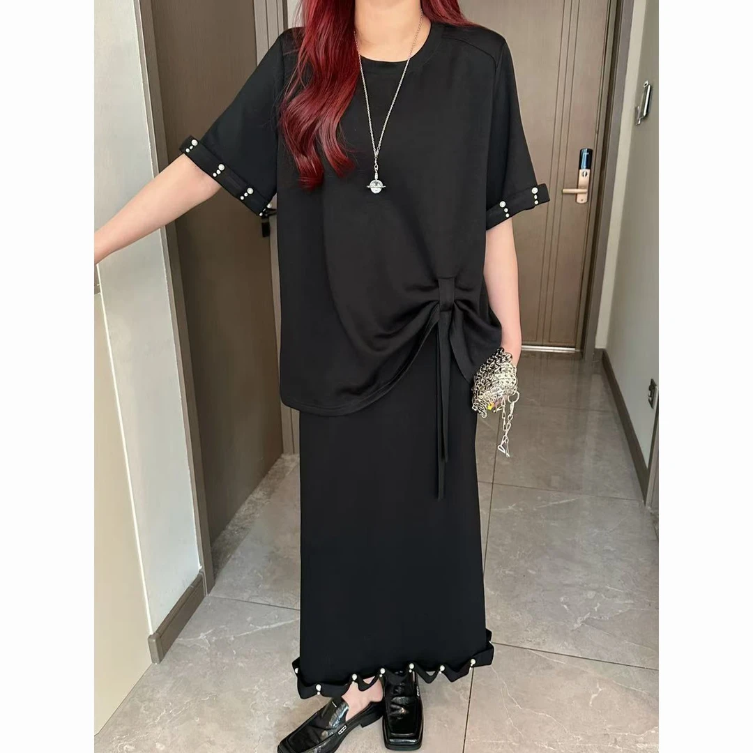 Xiaix【卷珠帘】气质显瘦卷边钉珠下摆抽绳T恤+裙子TX250506现