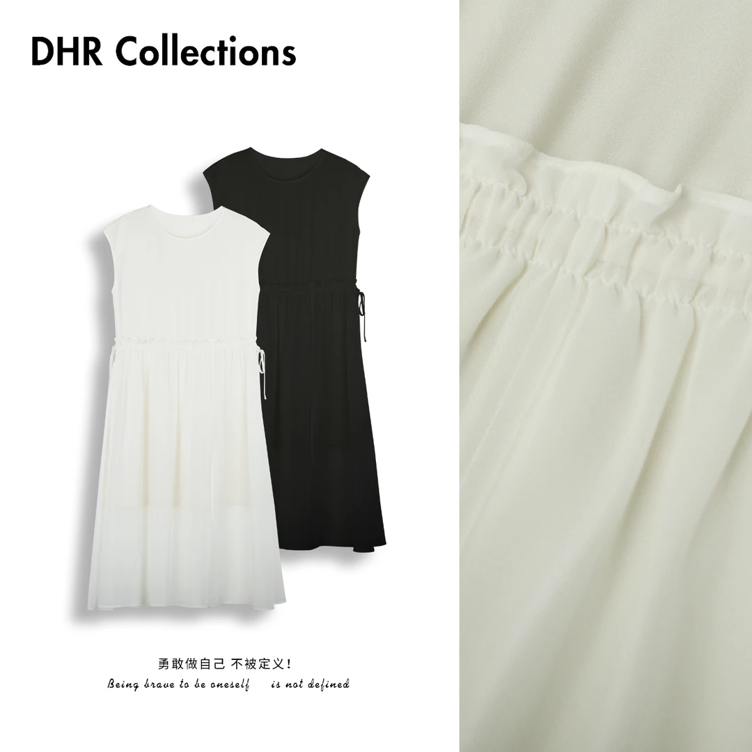 豆豆7【醋酸连衣裙】侧边开叉无袖长裙凉快圆领气质A字裙-DX1511