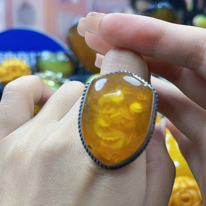 琥珀银S925镶嵌颈饰戒指