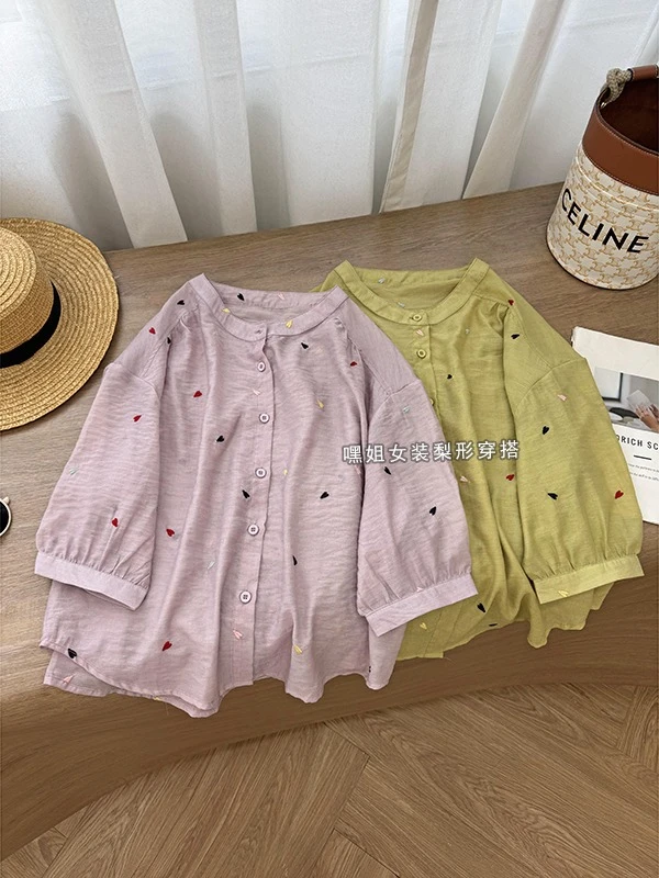 【柚语】设计感彩色刺绣提花衬衫女夏季时尚百搭文艺小众薄款上衣
