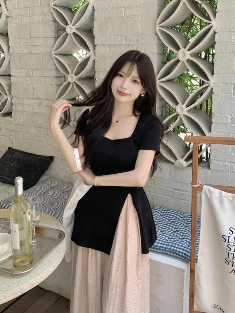 黑色开叉设计感短袖T恤女2025夏季新款时尚U领收腰百搭显瘦上衣潮