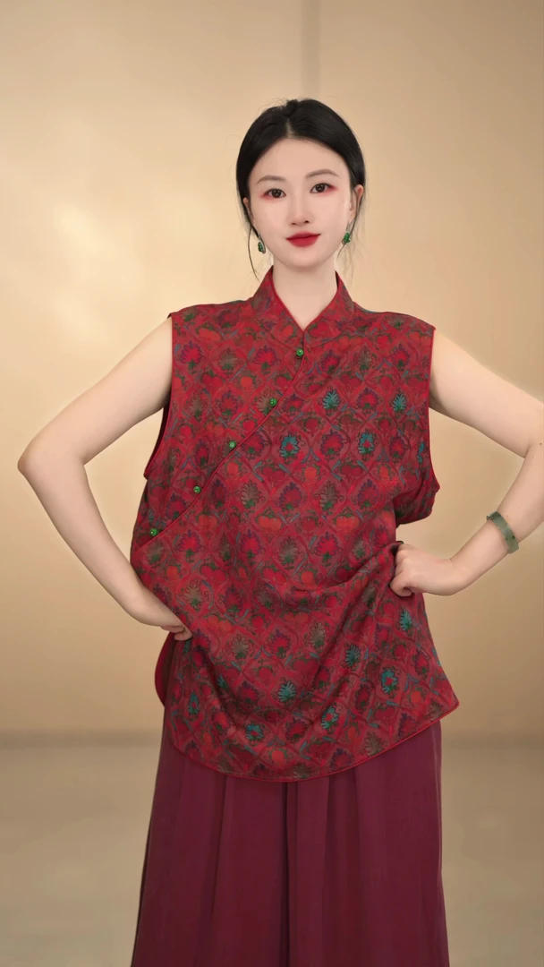 「福祉」新中式立领无袖提花薄款复古花色上衣气质时尚日常提花