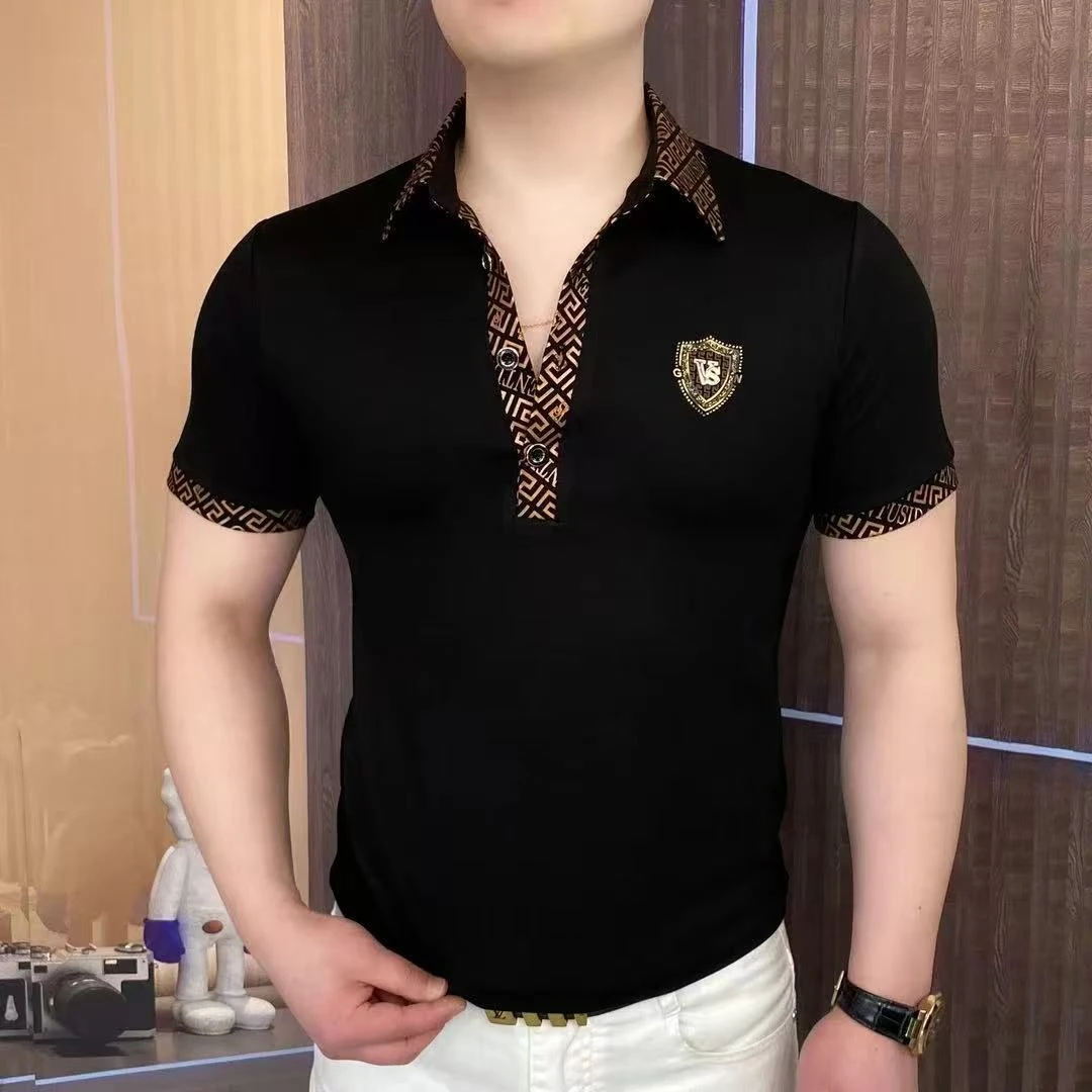 约蒂宾弗男士翻领短袖T恤夏季重工黑金烫钻轻熟风休闲POLO衫男款