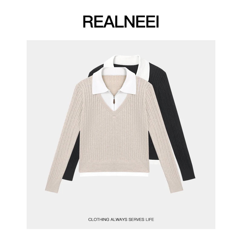 REALNEE【轻都之旅】撞色假两件POLO领显瘦早春针织上衣F3836