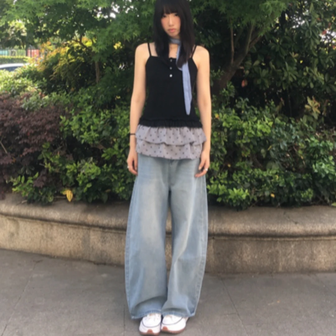 水洗弯刀牛仔裤 屁帘可拆卸 宽松休闲通勤百搭长裤