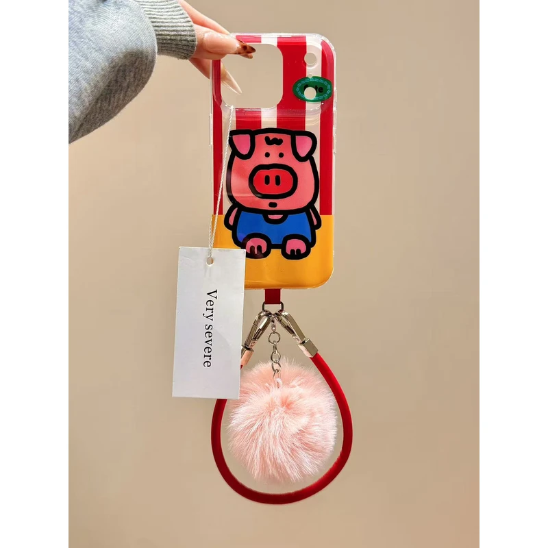 趣味可爱拼色条纹小粉猪手拎绳适用苹果17promax手机壳15iphone16
