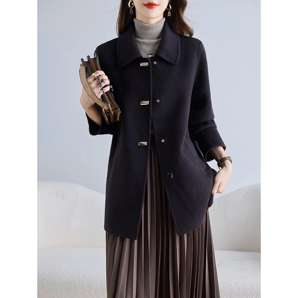 秋冬新款双面羊毛气质大衣女秋冬红色大气显瘦小个子妈妈呢子外套