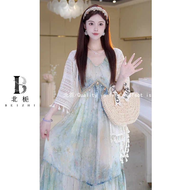 【北栀】印花民族风吊带连衣裙+镂空披肩开衫813867+814188+814187