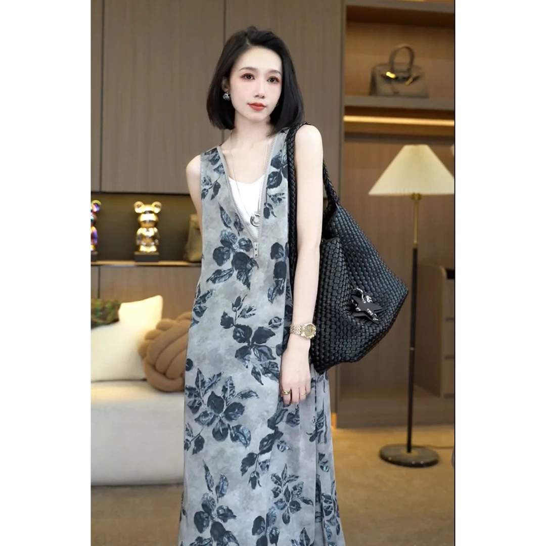 欧颍昇洋气时髦气质白T恤拉链2025夏季新款女装印花连衣裙子7274
