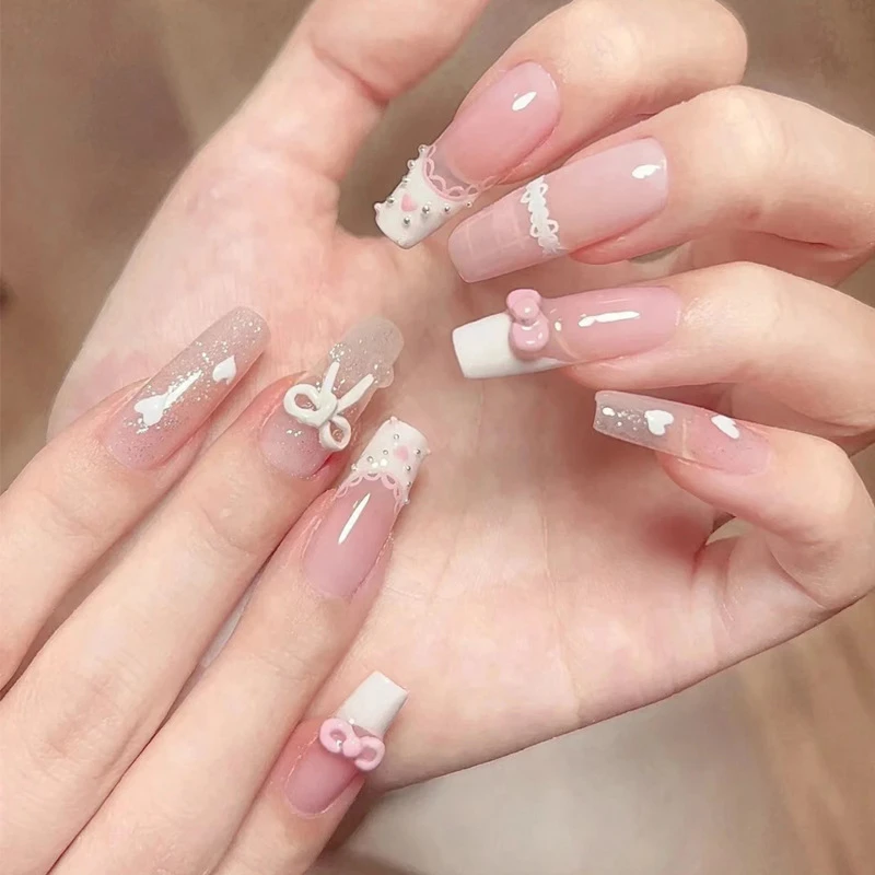 【粉白芭蕾】法式爱心蝴蝶结高级感穿戴式甲片甜美少女感新款美甲贴