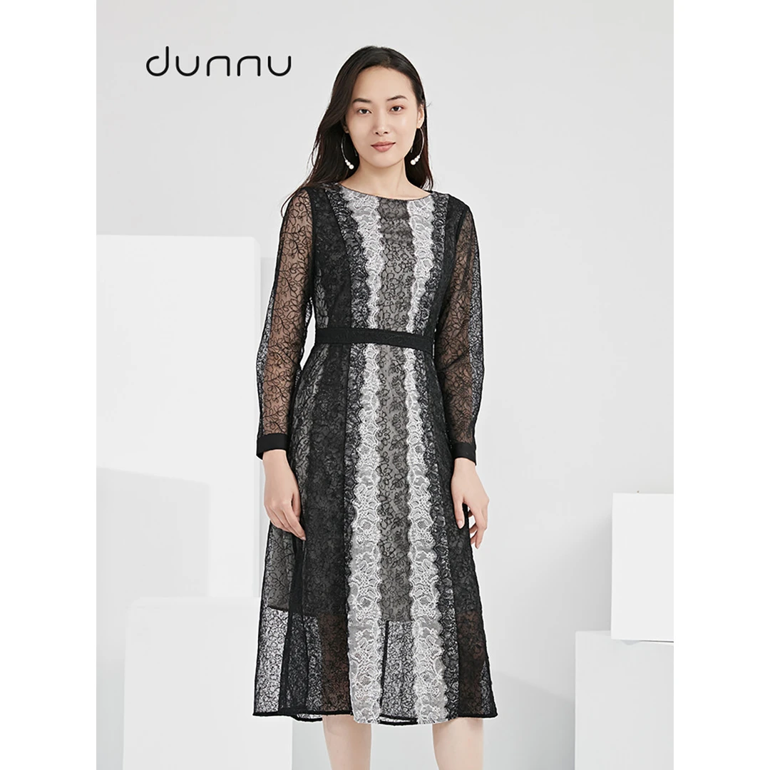 dunnu敦奴中长款高腰连衣裙优雅DQ150122