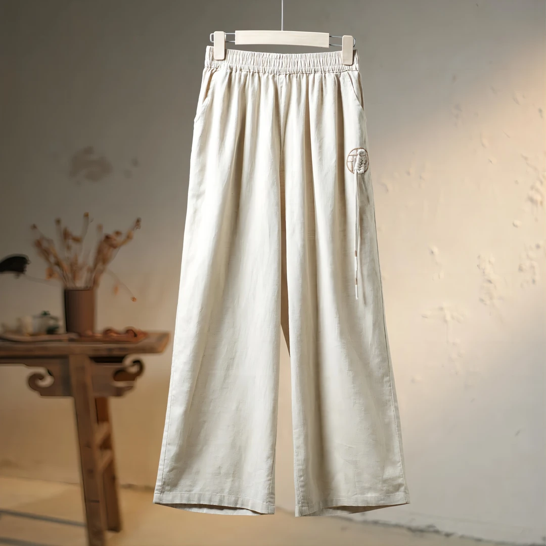 【春暖人间-亚麻直筒裤】新中式盘带绣高腰百搭复古宽松休闲松紧腰