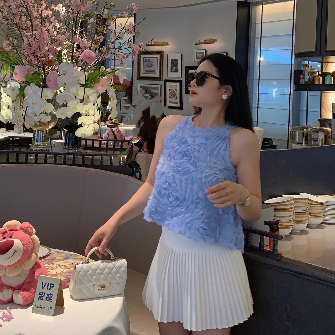 【魅鹊原创】50132【蓝牡丹】夏季时尚气质立体花朵无袖设计感上衣