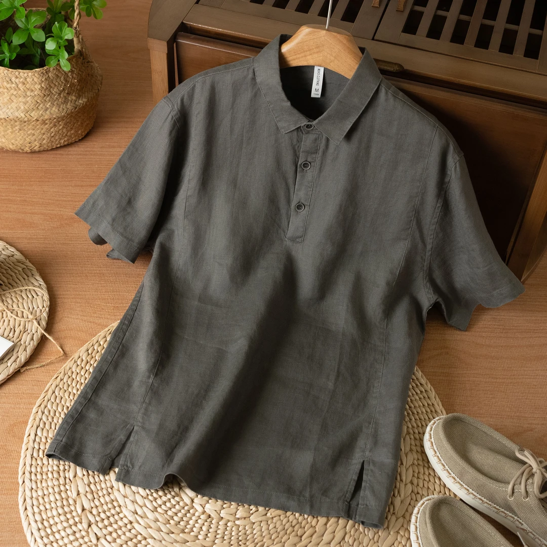 棉麻老吴 【宽松版】纯色翻领亚麻短袖衬衫商务休闲宽松Polo衫