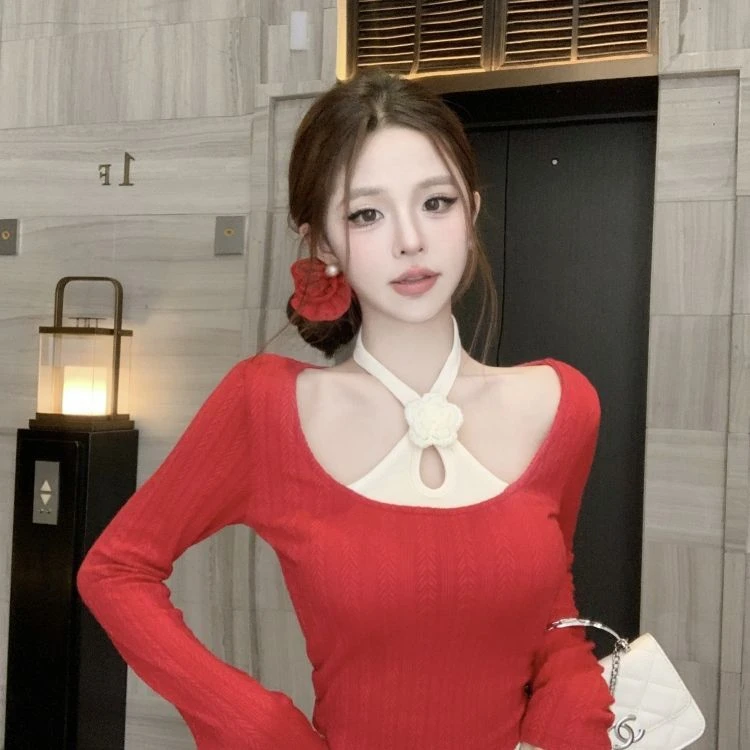 2025长袖设计感甜辣撞色拼接交叉挂脖花朵修身显瘦假两件上衣女