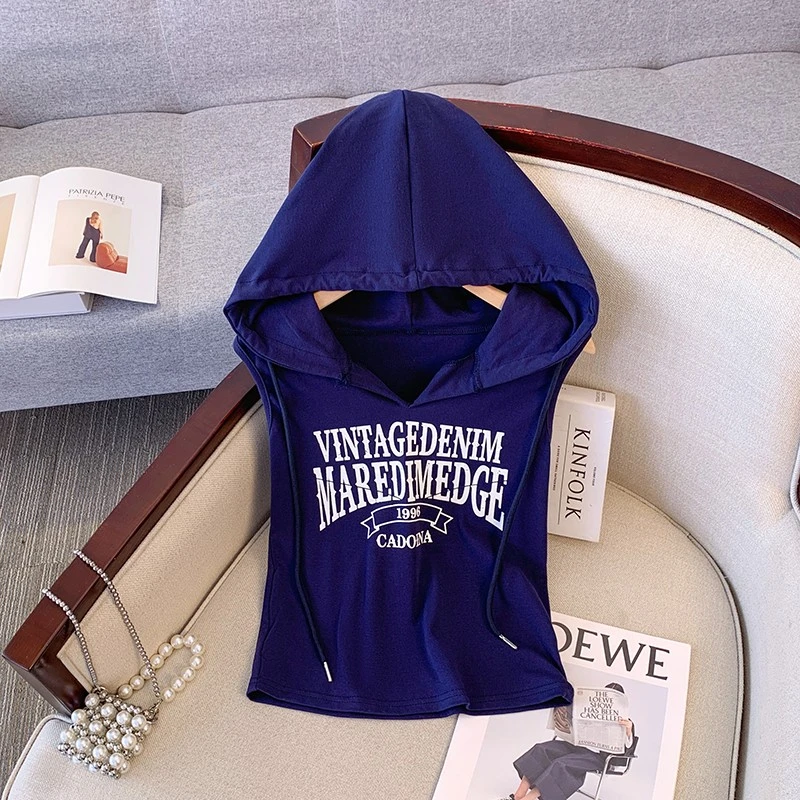 夏季新款撞色字母连帽无袖背心女内搭性感甜辣妹外穿修身短款上衣