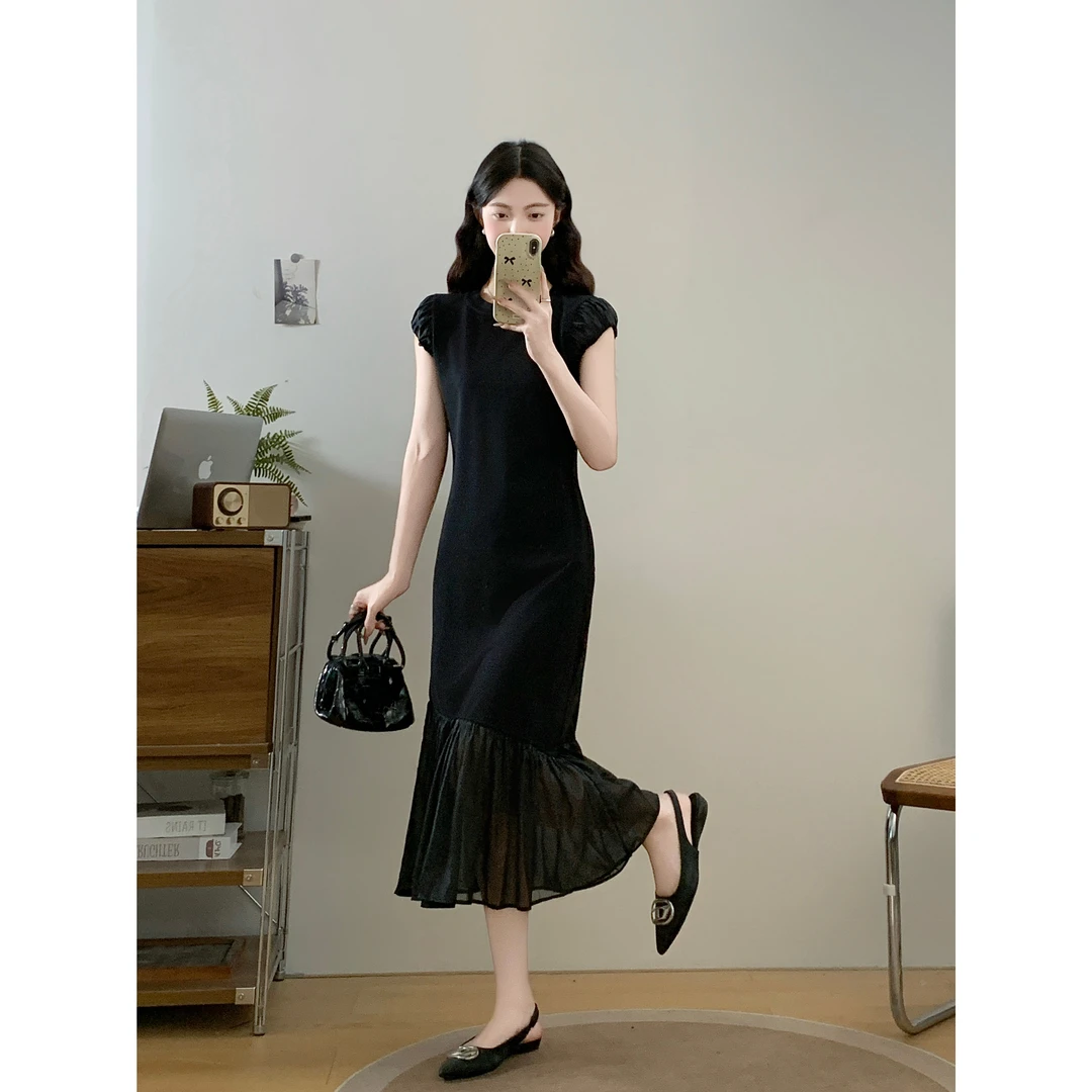 实拍小个子花苞袖口连衣裙云纱拼接显瘦中长款大码T恤裙女夏