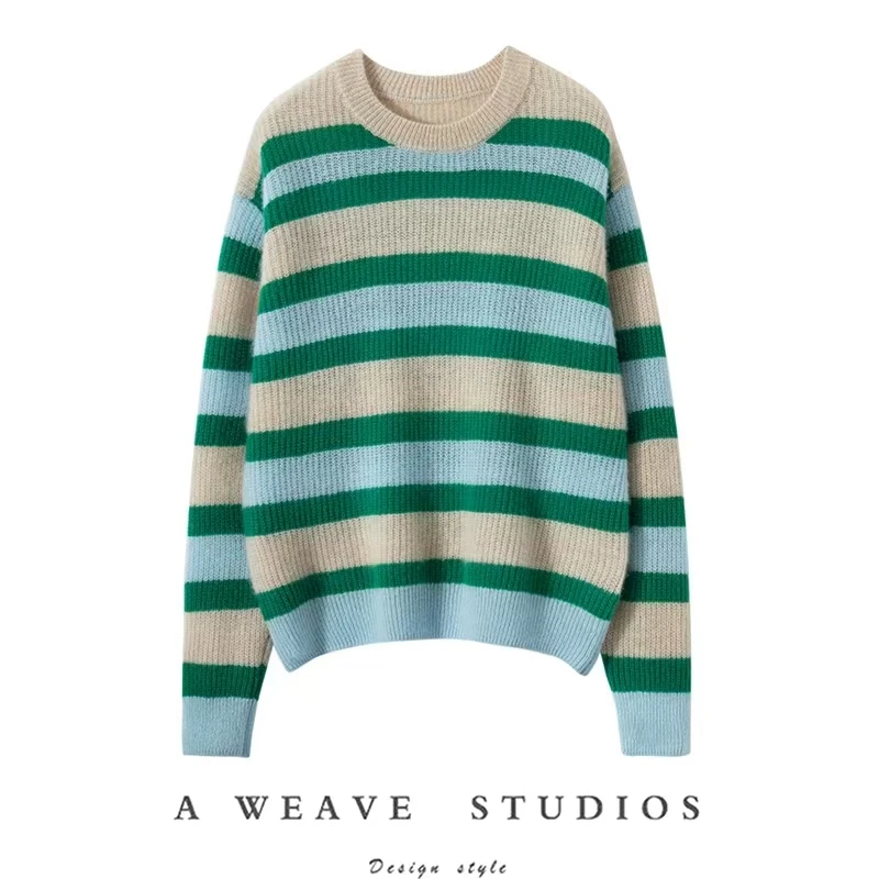 绿色条纹圆领套头衫   3102