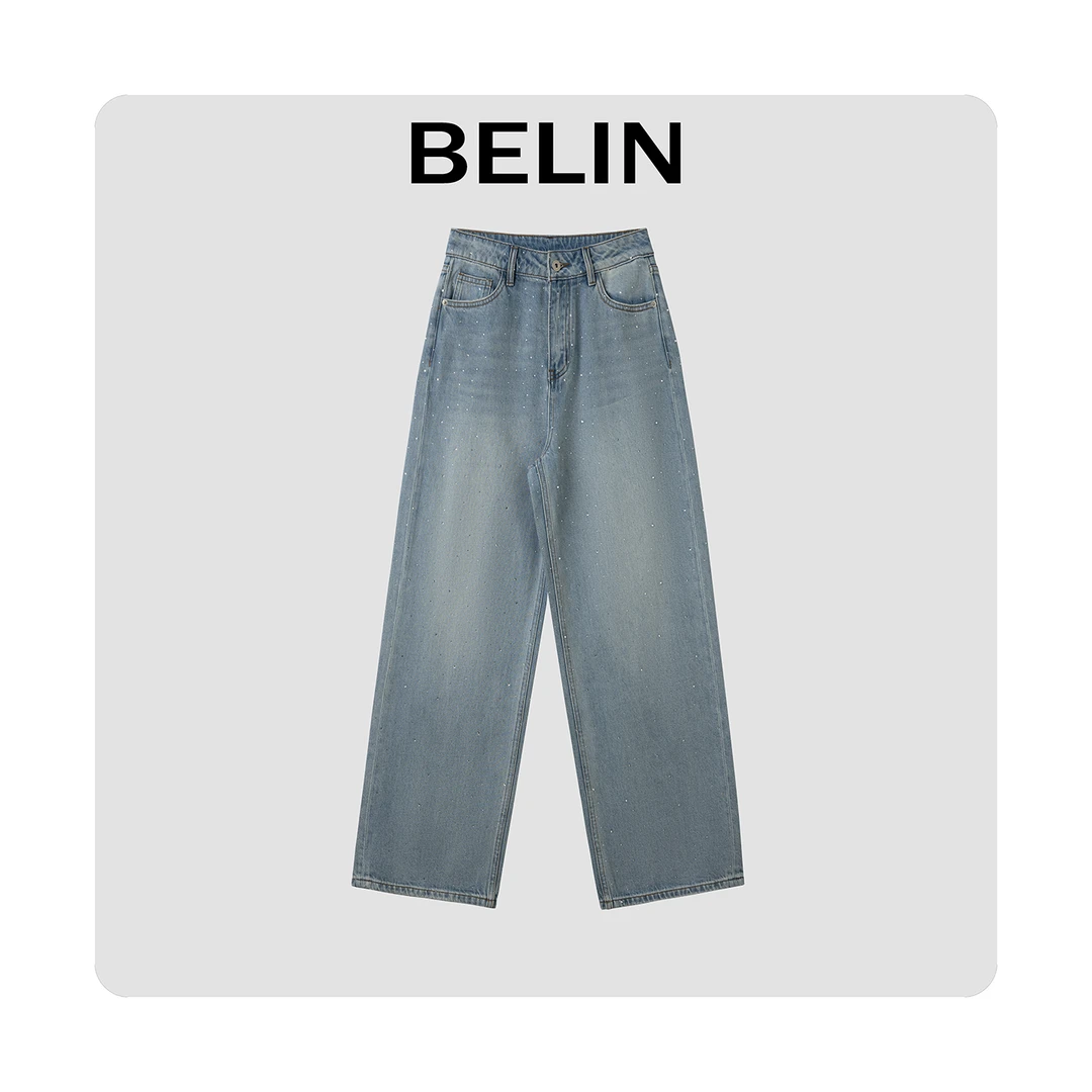 BELIN 时尚精致感满分* 水钻裤身牛仔阔腿裤女2025秋季新款