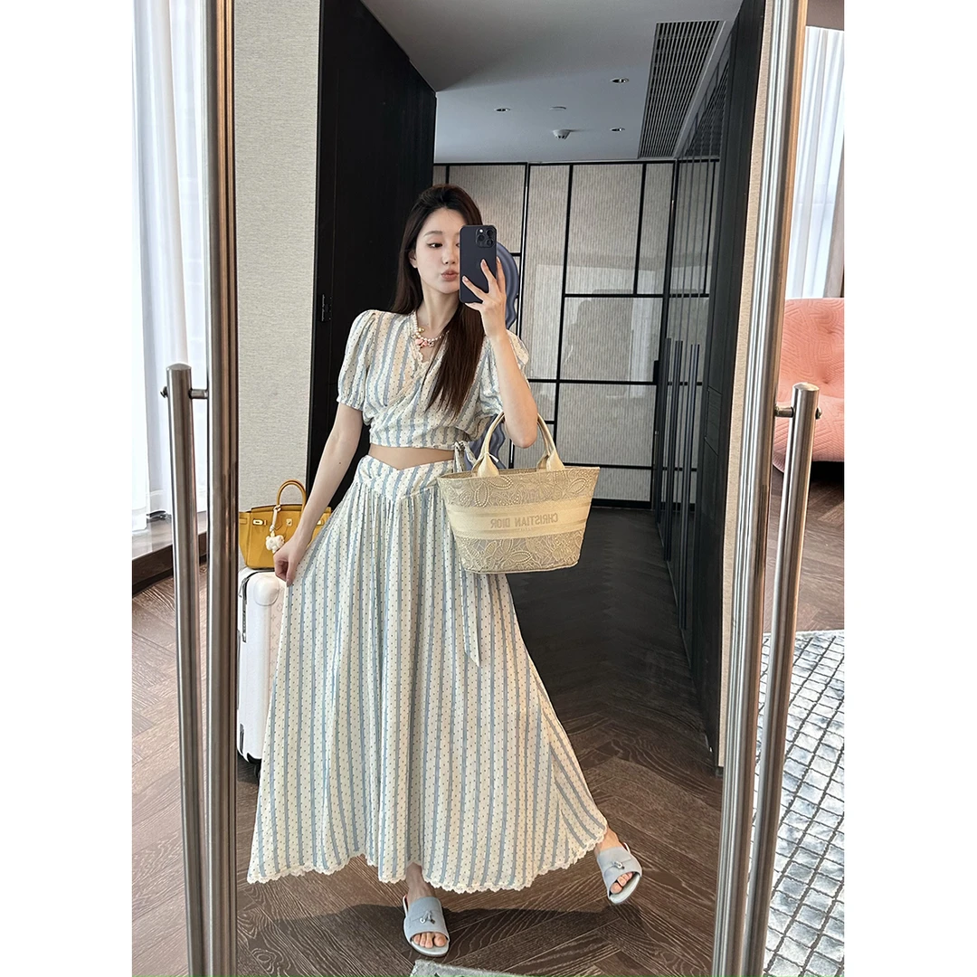 FORNI × YOYO 蓝椰海边 花边波点套装时尚气质法式显瘦夏季小众款