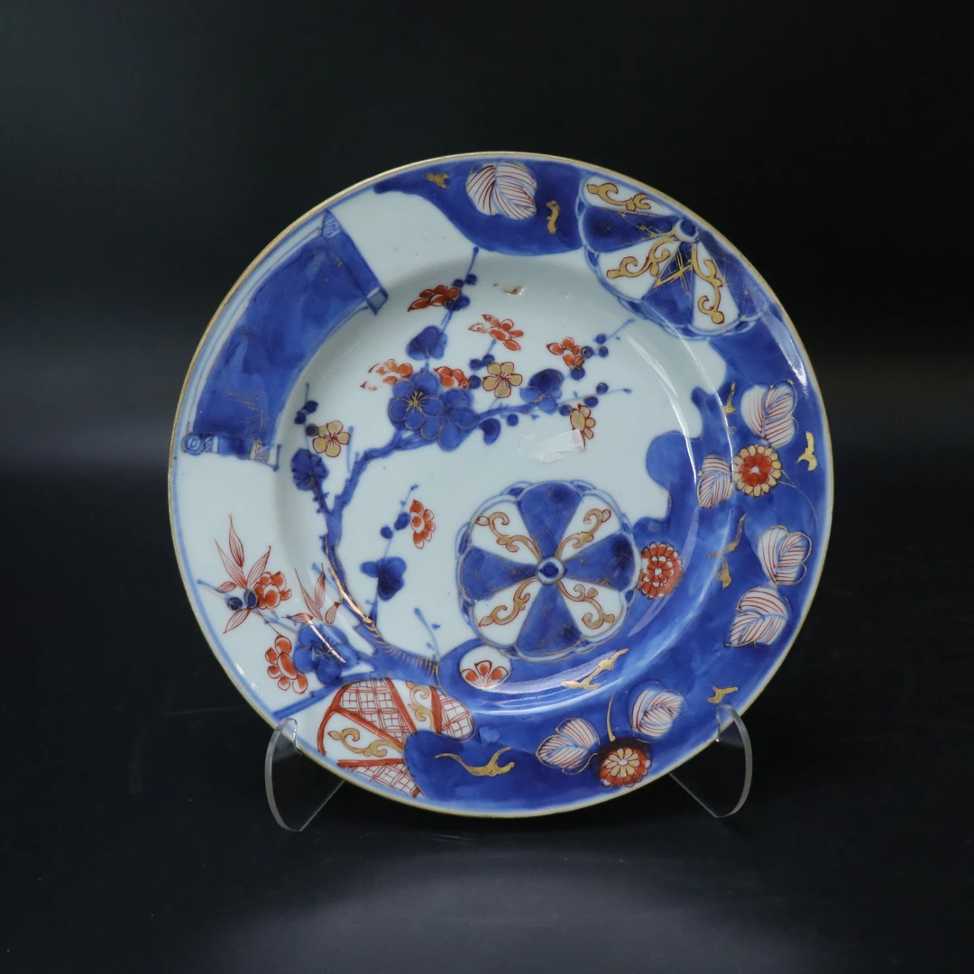 Lot.25121161清康熙青花矾红描金花卉纹折腰盘 直径：约21.9cm