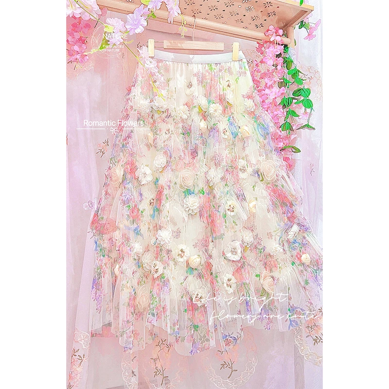 2025手工花朵蛋糕女法式度假风重工立体花荷叶边网纱半身裙蓬蓬裙