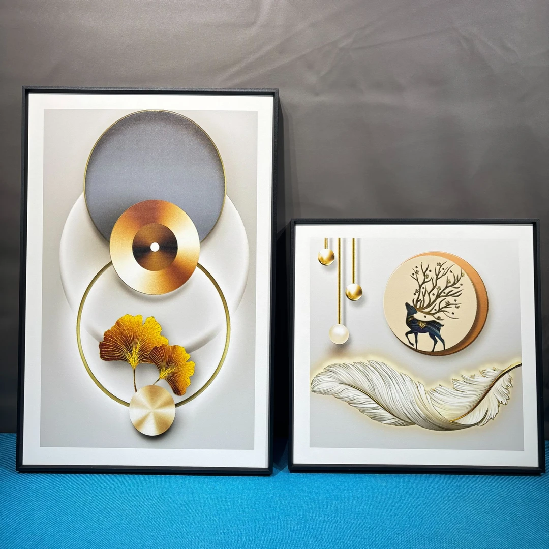 高端轻奢皮雕装饰画现代简约沙发客厅背景墙挂画双联070