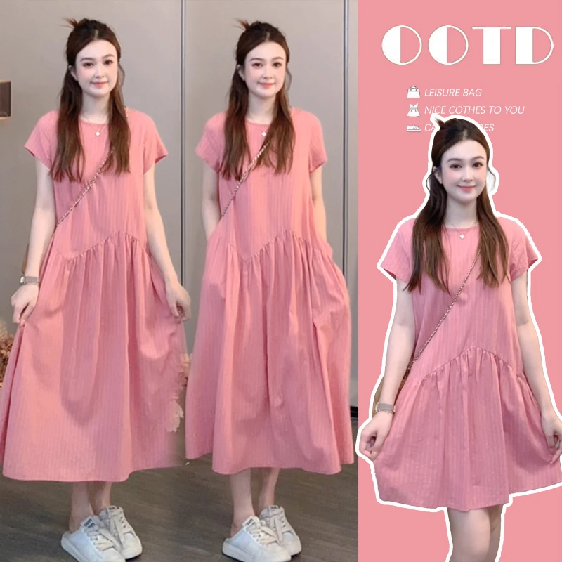 孕妇装时尚动小镇夏季甜美圆领连衣裙小个子夏天中长款宽松韩版