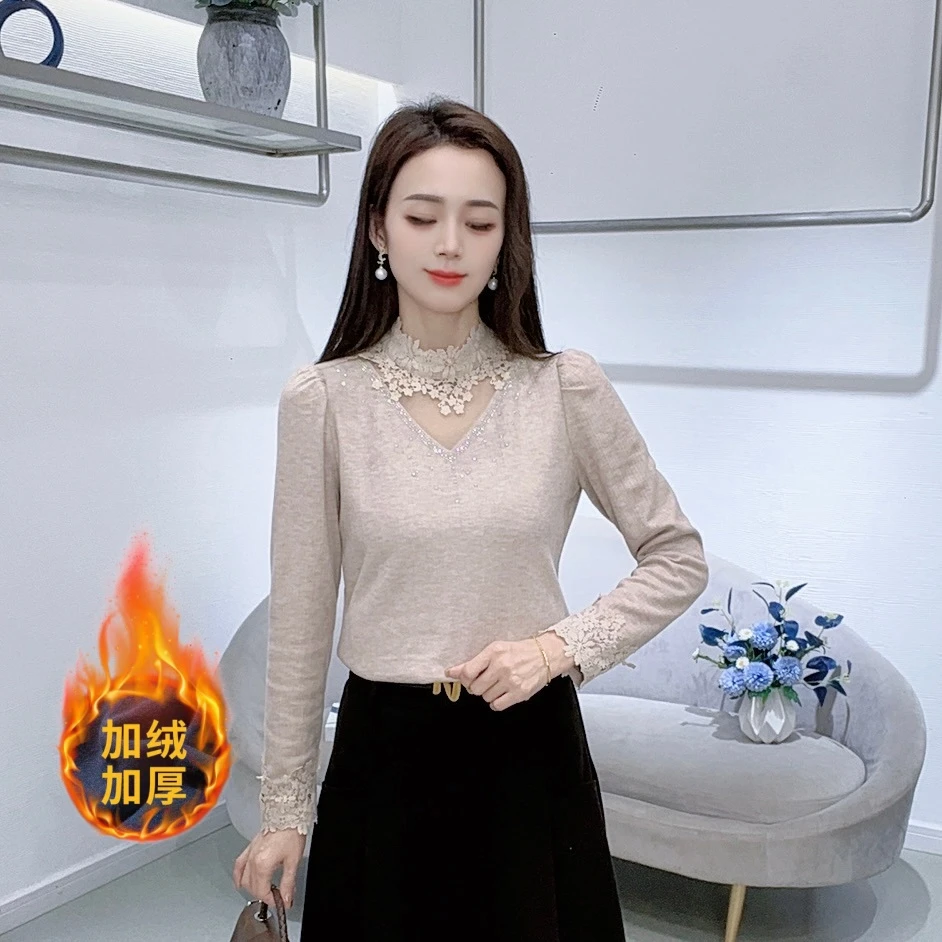 名媛风蕾丝拼接打底衫女2025秋冬季新款加绒加厚保暖显瘦内搭上衣