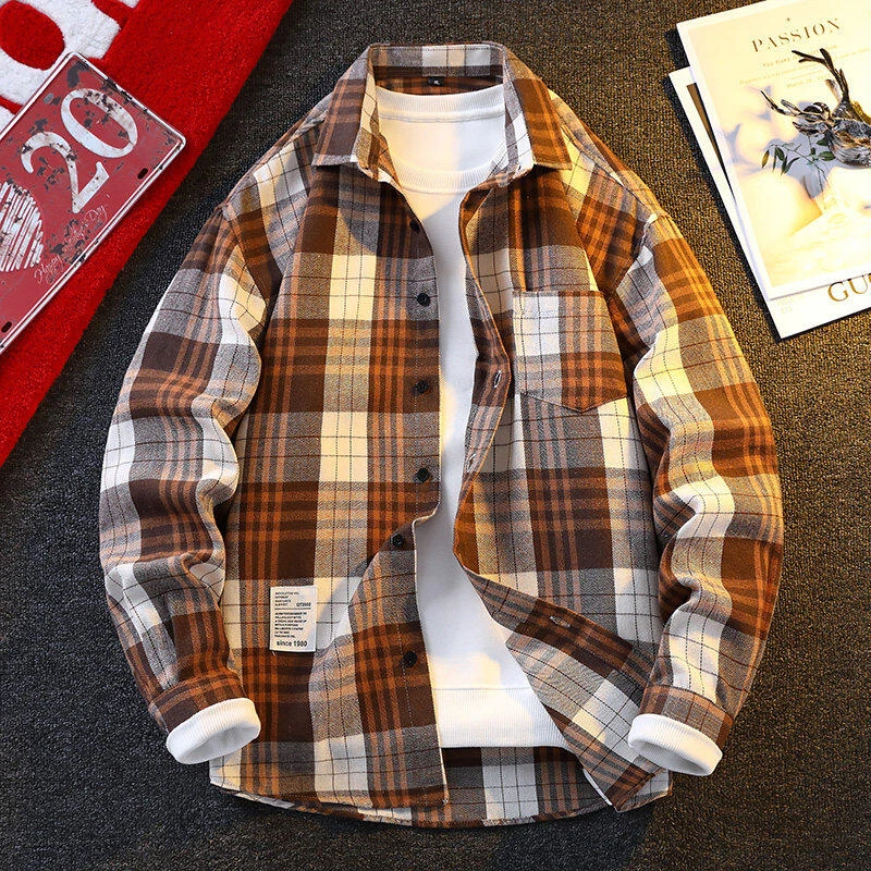 2025春季韩版青少年休闲格子时尚衬衫长袖衬衣男士宽松潮流CS130