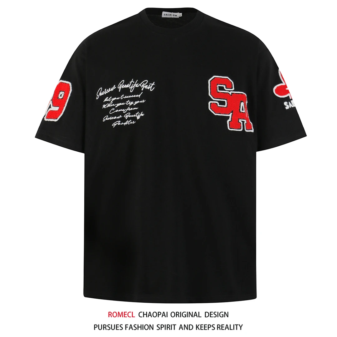 ROMECL美式高街风字母毛巾刺绣短袖T恤男女情侣宽松潮牌半袖上衣