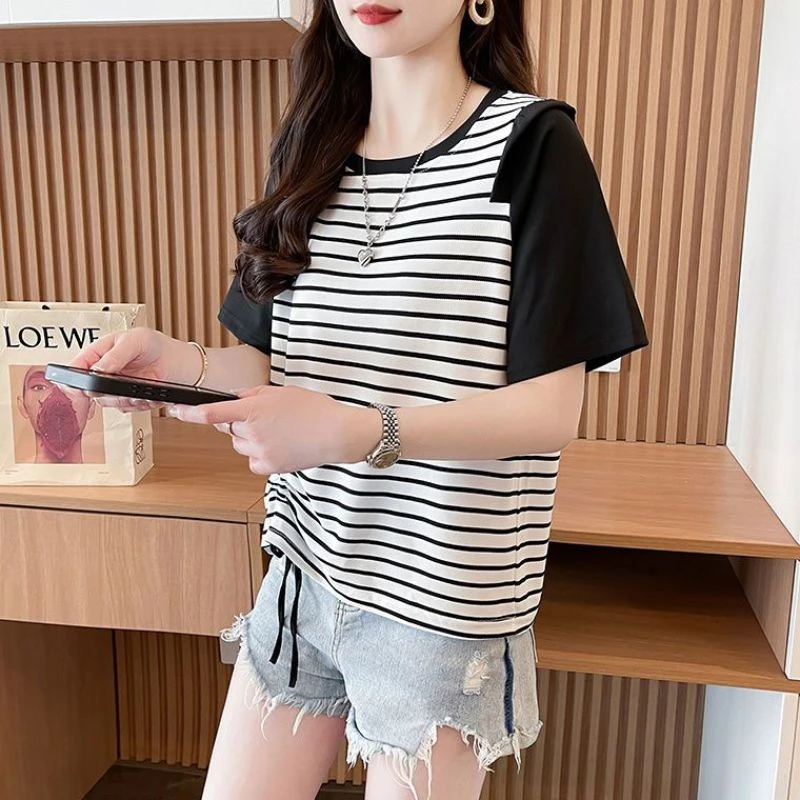 洋气减龄条纹短袖t恤女夏季新款韩版宽松小个子百搭显瘦拼接上衣
