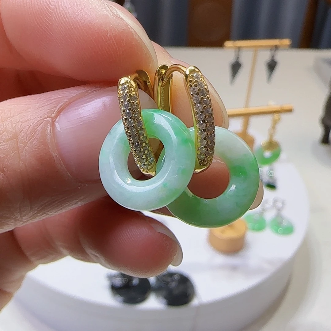 翡翠耳饰银S925镶嵌天然缅甸a翡翠