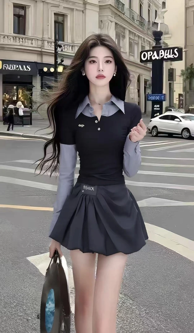 休闲时尚通勤风撞色衬衫领修身长袖上衣+深灰色不规则半身裙套装