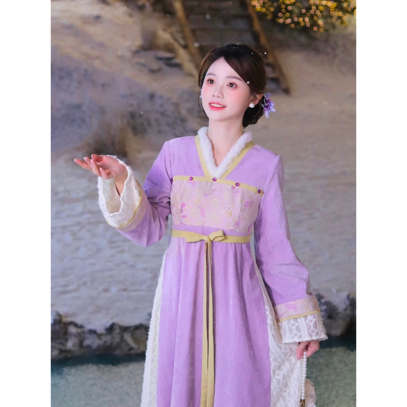 瑶西【雪映宫妆】冬季新款浅紫色雪尔绒提花新中式国风加绒连衣裙