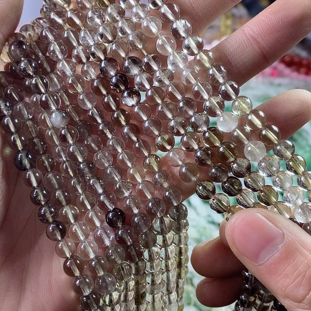 玛瑙/玉髓珠宝半成品合金一条天然6mm透体浅茶晶圆珠