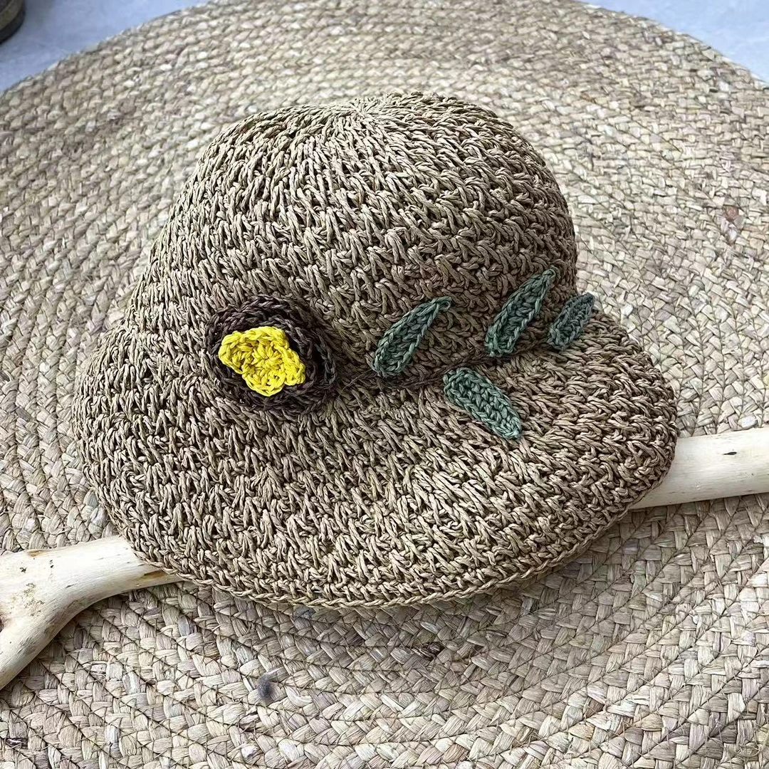 复古草帽女夏季手工编织花朵遮阳帽