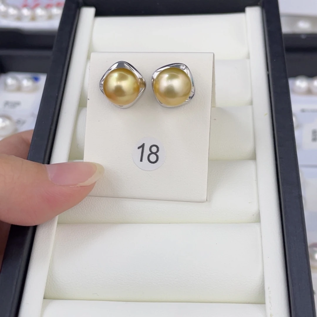 未镶嵌海水珍珠金珠耳钉10-11mm