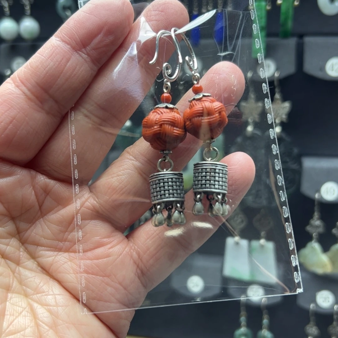 一***求南红玛瑙银S925镶嵌耳饰