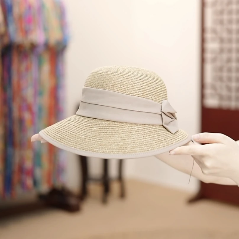 高品质日式可折叠草帽女海边度假蝴蝶结遮阳防晒帽沙滩渔夫帽子潮
