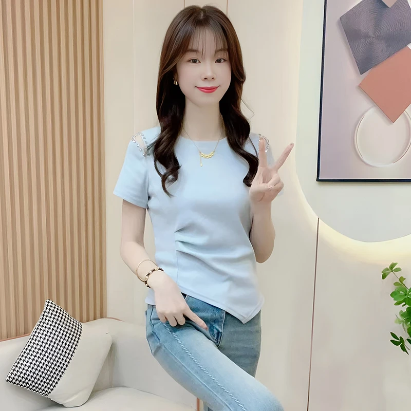 设计感小众洋气露肩短袖t恤女2025年夏季新款不规则修身显瘦上衣