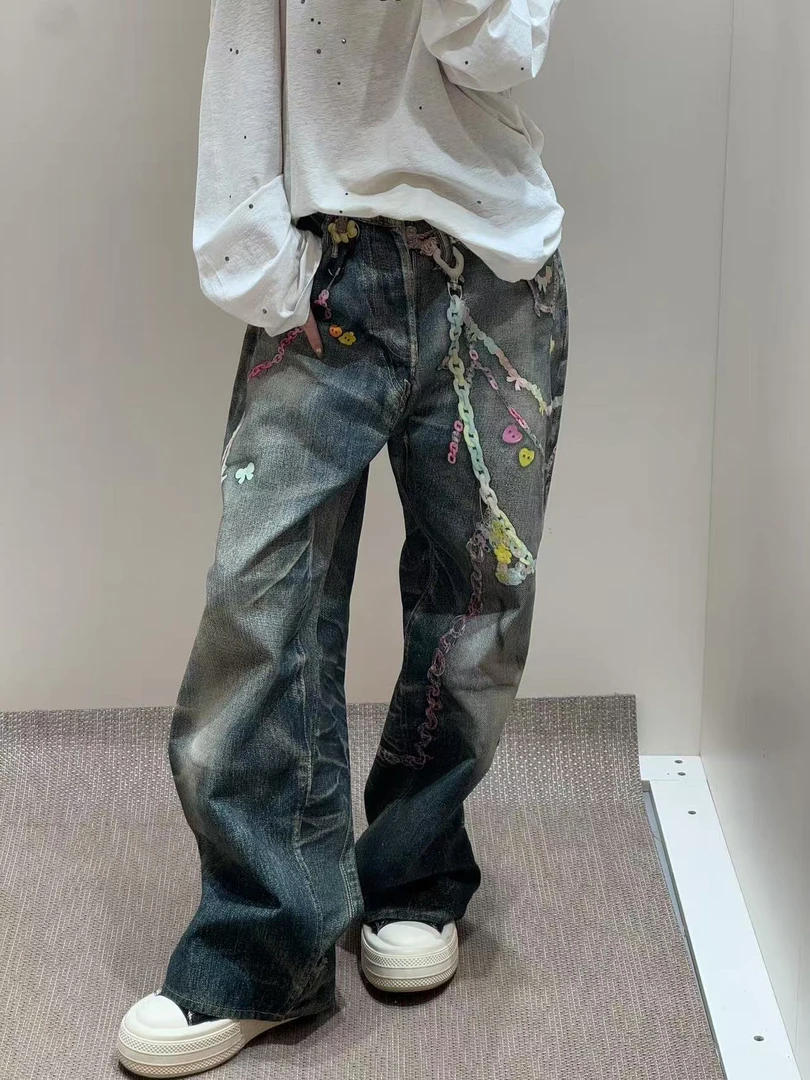 美式复古大码链条印花牛仔裤子美2025春朋克辣妹hiphop嘻哈拖地裤