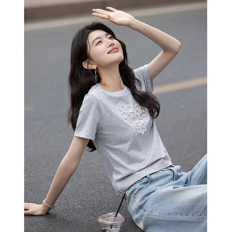 【重百专属】德·玛纳舒弹180G棉氨夏季手工小珍珠花朵打底衫短袖t恤