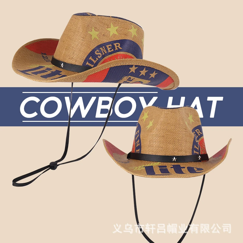 2025西部牛仔帽男士户外骑行大檐遮阳涂鸦草帽舞台表演道具帽爆款