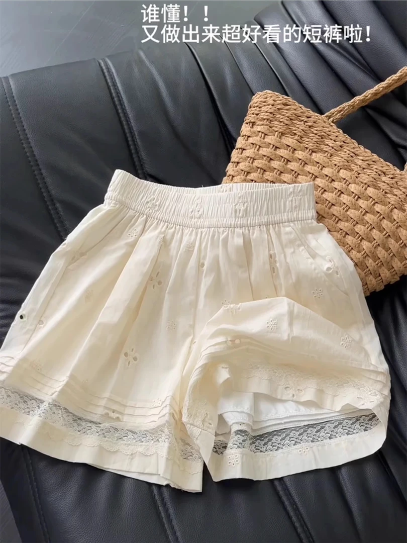韩系镂空蕾丝拼接阔腿短裤女夏2025减龄高腰显瘦百搭休闲裤子